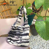 Vintage Plush Shoulder Bag Large Capacity Ink Pattern Tote Handbag Soft Fluffy P