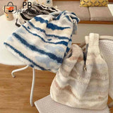 Vintage Plush Shoulder Bag Large Capacity Ink Pattern Tote Handbag Soft Fluffy P