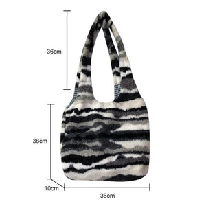 Vintage Plush Shoulder Bag Large Capacity Ink Pattern Tote Handbag Soft Fluffy P