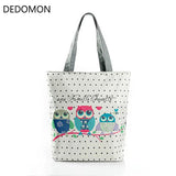 Floral & Owl Printed Canvas Tote Women Beach Bag