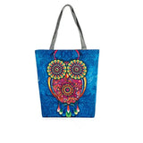 Floral & Owl Printed Canvas Tote Women Beach Bag