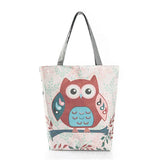 Floral & Owl Printed Canvas Tote Women Beach Bag