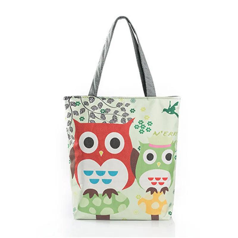 Floral & Owl Printed Canvas Tote Women Beach Bag