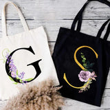 Canvas Ladies Shopping Bag Large Capacity Tote - Flower Letter Print