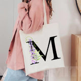 Canvas Ladies Shopping Bag Large Capacity Tote - Flower Letter Print