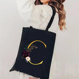 Canvas Ladies Shopping Bag Large Capacity Tote - Flower Letter Print
