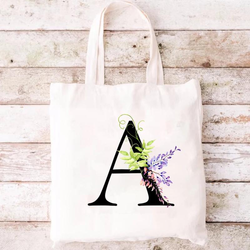 Canvas Ladies Shopping Bag Large Capacity Tote - Flower Letter Print