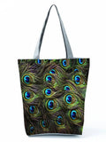 Peacock Feather Printed Foldable Green Shoulder Bag
