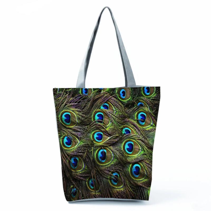 Peacock Feather Printed Foldable Green Shoulder Bag