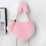 Faux Fur Heart Shaped Shoulder Bag Chain Messenger Clutch Purse