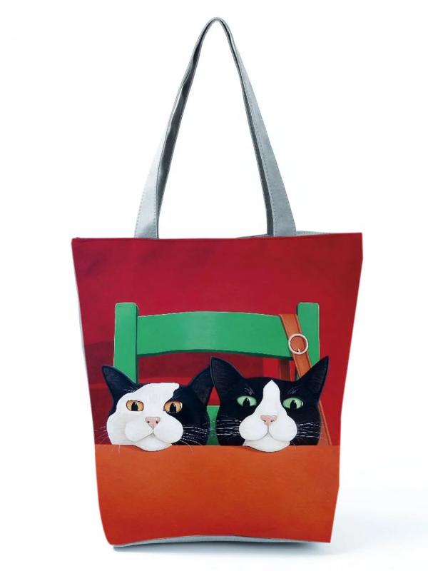 Cat Print Shopping Bag Large Capacity Tote Handbag Shoulder Bag Japanese Pattern