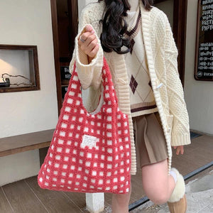 Soft Plush Shoulder Bag Waffle Plaid Portable Handbag