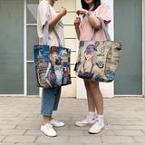 Women's Cartoon Embroidery Canvas Handbag Large Capacity Shopping Bag