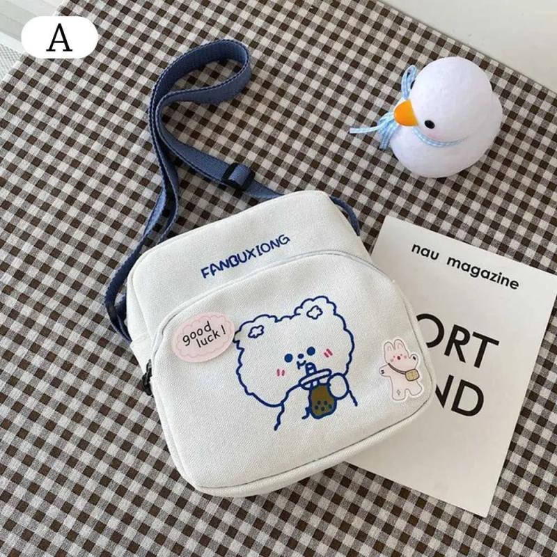 Women Cartoon Print Canvas Shoulder Bags Small Bear Rabbit Cloth Handbags