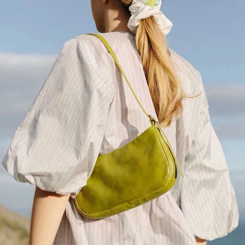 Oil Wax Leather Underarm Bag French Style Portable Small Bag
