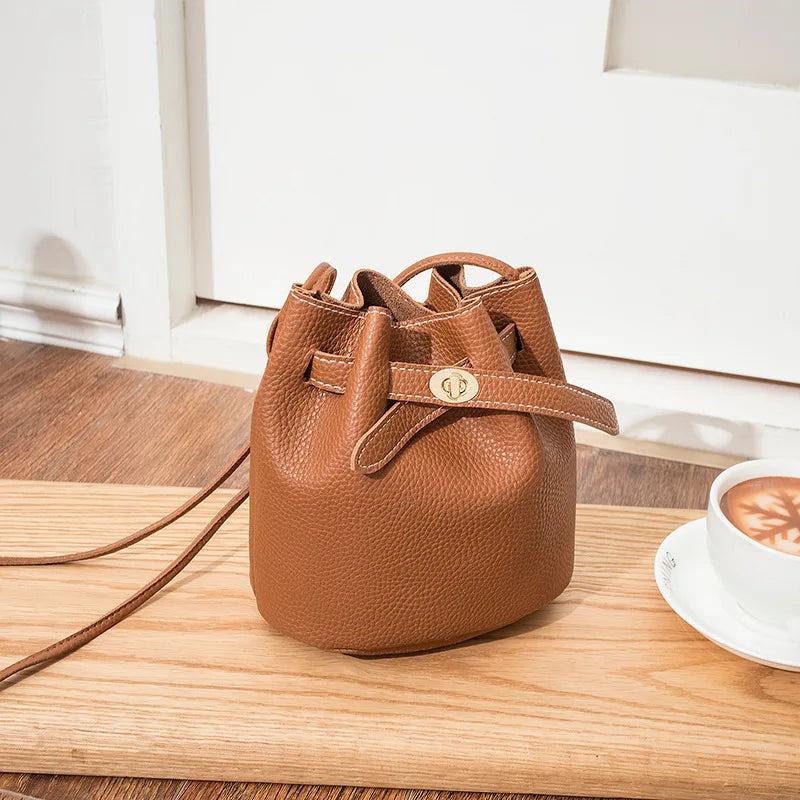 Vintage Women PU Leather Crossbody Shoulder Bag Solid Bucket Bag