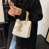 Soft Faux Lambswool Handbag with Pendant for Winter