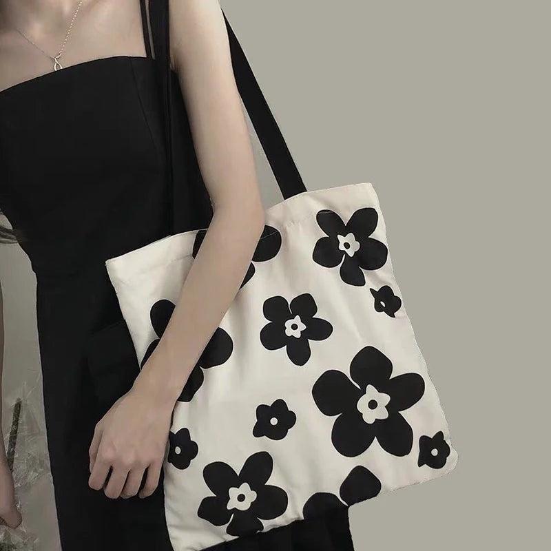 Canvas Flower Pattern Shoulder Bag Casual Tote Handbag