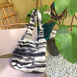 Vintage Shoulder Bag Ink Pattern Ladies Handbag Soft Fluffy Tote