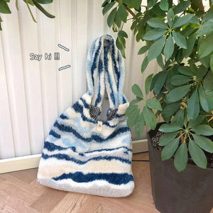 Vintage Shoulder Bag Ink Pattern Ladies Handbag Soft Fluffy Tote