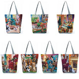 Oil Painting Cat Dog Print Women Tote Bag Reusable Shopping Bag Shoulder Handbag