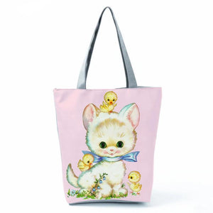 Fox and Chickens Printed Handbag Foldable Beach Shoulder Bag