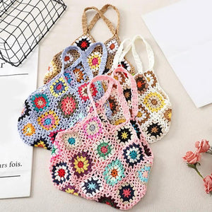 Boho Crochet Multicolor Hollow Out Handbag Vintage Knitted Bag