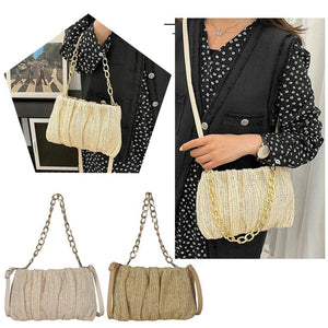 Pleated Straw Crossbody Bag Beach Handbag Purse