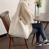 Winter Plush Shoulder Bag Girls Cartoon Embroidery Tote Bag