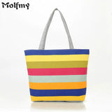 Striped Rainbow Canvas Shopper Bag Tote Women Girls Shoulder Handbag