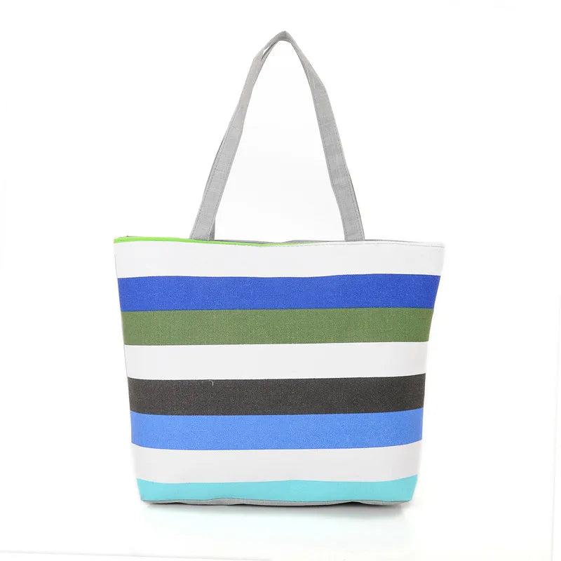 Striped Rainbow Canvas Shopper Bag Tote Women Girls Shoulder Handbag