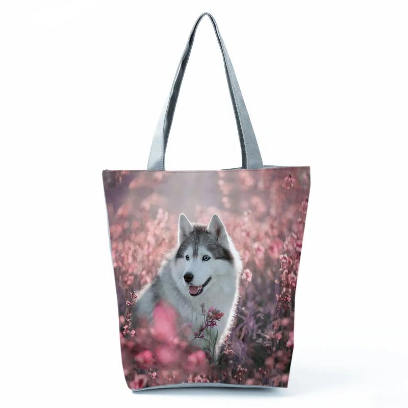 Dog Animal Printing Handle Foldable Reusable Shoulder Bags for Women