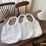 Winter Fleece Plush Shoulder Bag - Girls Cartoon Embroidery Tote Bag