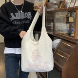 Winter Fleece Plush Shoulder Bag - Girls Cartoon Embroidery Tote Bag