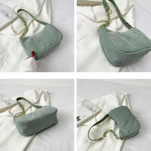 Corduroy Shoulder Bag Women Underarm Handbag Zipper Chain Mori-girl