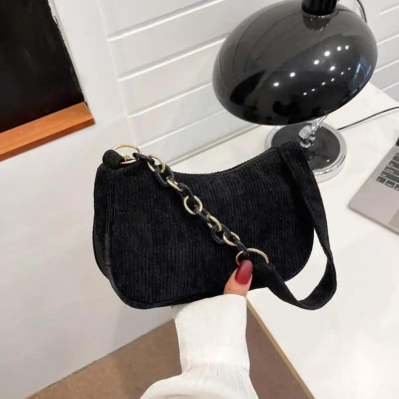 Corduroy Shoulder Bag Women Underarm Handbag Zipper Chain Mori-girl