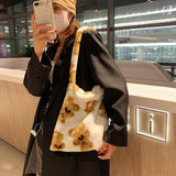 Flower Print Plush Shoulder Tote, Large Capacity Handbag