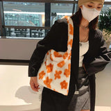 Flower Print Plush Shoulder Tote, Large Capacity Handbag