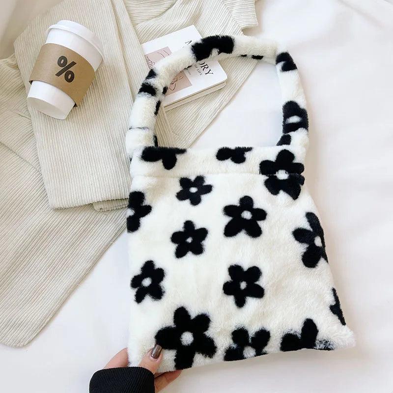 Flower Print Plush Shoulder Tote, Large Capacity Handbag