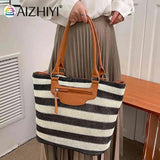 Women Underarm Bag Large Capacity Knit Handbag Striped Zipper Soft