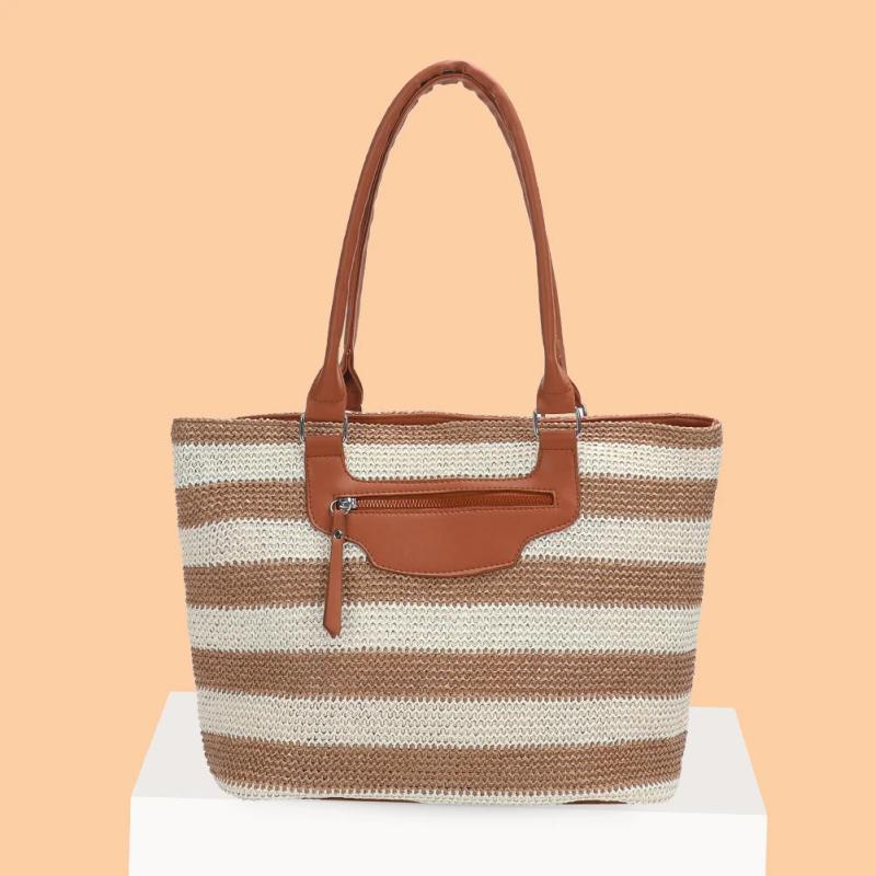 Women Underarm Bag Large Capacity Knit Handbag Striped Zipper Soft