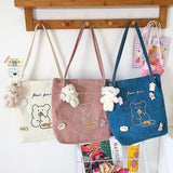 Buylor Corduroy Shopper Bag Bear Shoulder Bags Women Reusable Casual Tote Bag