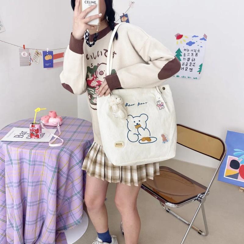 Buylor Corduroy Shopper Bag Bear Shoulder Bags Women Reusable Casual Tote Bag