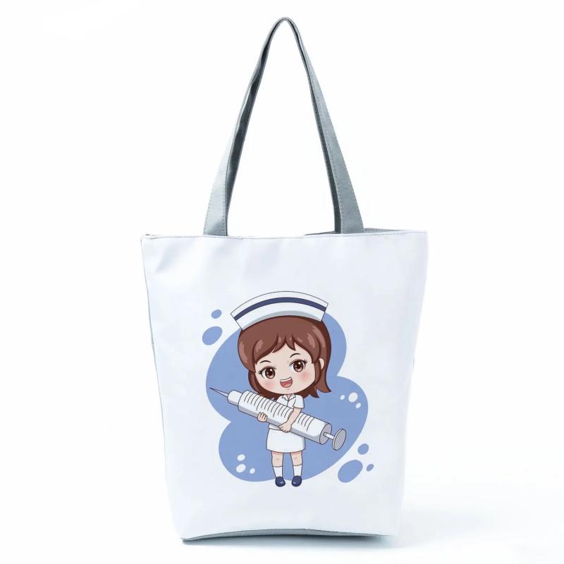 Nurse Printed Handbags Cartoon Tote High Capacity Eco Friendly Shopping Bag