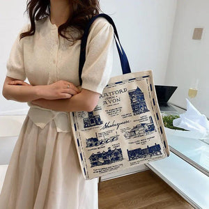 Canvas Women Handbags Shoulder Bag London Books Print Handbag