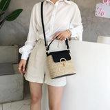 Vintage Beach Bucket Straw Shoulder Bag Summer Handbag Totes