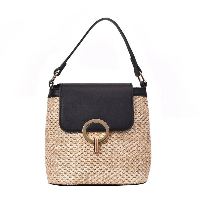 Vintage Beach Bucket Straw Shoulder Bag Summer Handbag Totes