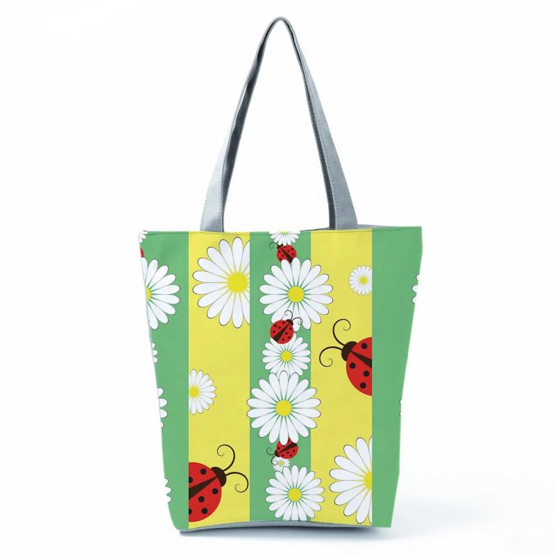 Daisy Floral Print Handbags Foldable Portable Shopping Bags Travel Beach Outdoor
