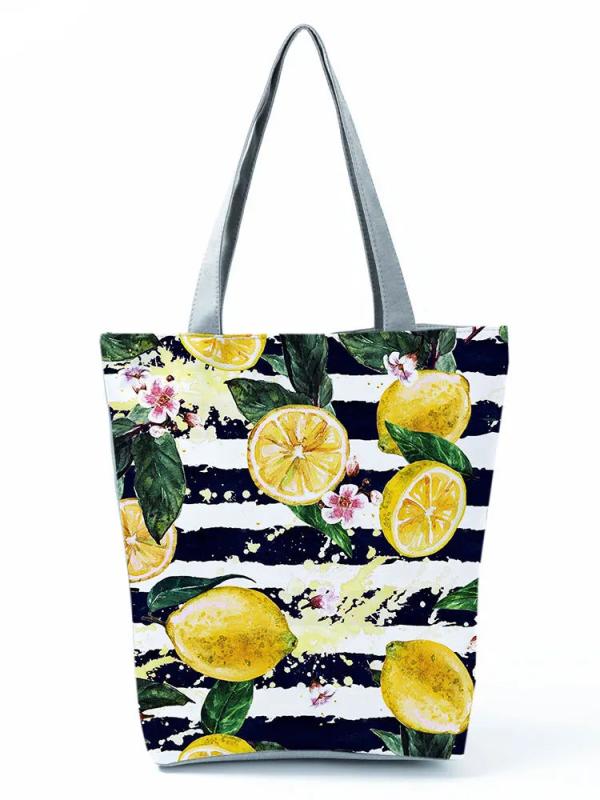 Lemon Printed Handbags Eco Reusable High Capacity Women Striped Shopping Bag