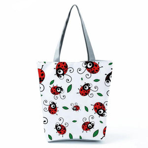 Cartoon Bee Ladybug Print Tote Bag Foldable Shopping Handbag Beach Bag